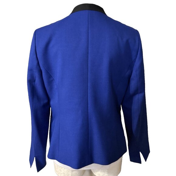 Kasper Suit Jacket Blazer 12 Blue Black Trim Open Front Classic Career Polyester - Picture 8 of 10